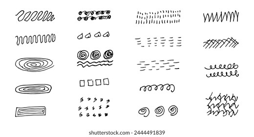 Brushes and elements for notes highlighting text. Squares circles lines wavy strokes. Vector illustration...