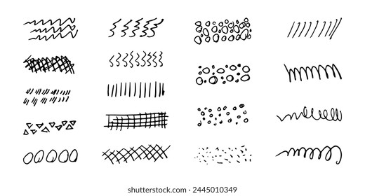 Brushes and elements for notes highlighting text. Strokes lines doodles dotted wavy strokes. Vector illustration...