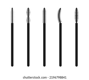 Brushes for eyelashes and eyebrows of different shapes. Cosmetic accessories silhouette set.