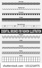 Brushes for fashion and digital illustration. Race flag, nautical cord, pom-pom, fringes, tape with laces, rickrack, loops, sequins, rivets, pleats.