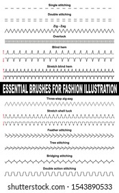 Brushes For Fashion Illustration. Single Stitch, Double Stitch, Zig Zag, Overlock, Blind Hem, Chain, Feather, Three-step. Colorable And Customizable Brushes. 