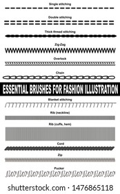 Brushes for fashion illustration. Single stitching, double stitching, thick thread stitching, zig-zag, overlock, chain, blanket stitching, rib, cord, zip and pucker.