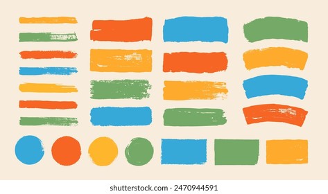 Brushes. Hand drawn painted strokes, box, bubble. Colorful texture paint frames. Grunge pen elements, marker shapes. Abstract brushes frames for text, banner for design. Vector set