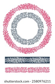 Brushes with linear floral pattern. Round frames. Vector.