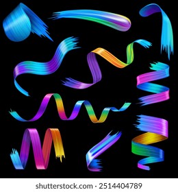 Pincéis feitos de fita colorida em um fundo preto isolado. Ilustração 3d vetorial de um conjunto exibindo texturas gradientes e fluxos coloridos de ondas multicoloridas ou traçados de pincel de formas exclusivas.