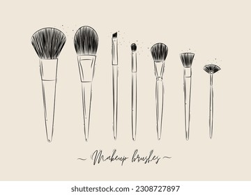Cepillos para maquillaje, polvo, fundación, colección de belleza de sombra ocular sobre fondo beige