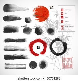 Brushes and other design elements hand-drawn with ink in traditional Japanese style sumi-e. Red circle symbol of Japan, enso zen circle, hieroglyphs. Contains hieroglyph "happiness" in red stamp.