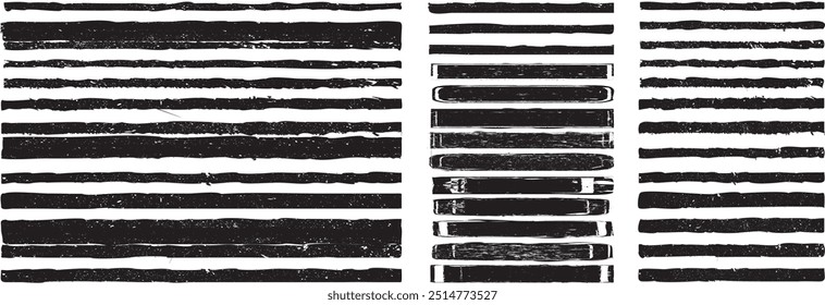 Brushes pack .Grunge Paint Roller set . Vector brush Stroke . Distressed banner . Black stripes isolated. paintbrush collection .Textured box . Torn or ripped paper edges for banner. Bulge lines