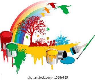 Brushes, Paint, Buckets, Flowers, Tree And Rainbow, Vector Illustration