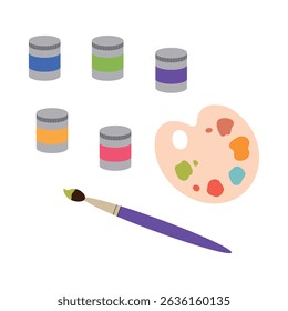 Brushes for painting, gouache paint and palette. Vector illustration on a white background.
