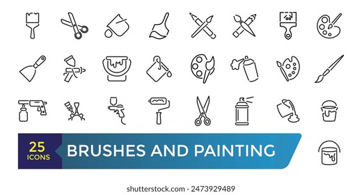 Brushes and Painting icon set. Related to Spray, Color palette, Paint Bucket and more. Collection and pack of linear web and ui icons. Editable stroke. Vector illustration