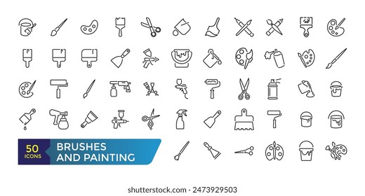 Brushes and Painting icon set. Related to Spray, Color palette, Paint Bucket and more. Collection and pack of linear web and ui icons. Editable stroke. Vector illustration