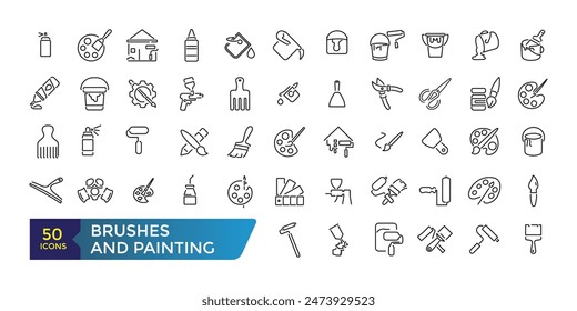 Brushes and Painting icon set. Related to Spray, Color palette, Paint Bucket and more. Collection and pack of linear web and ui icons. Editable stroke. Vector illustration