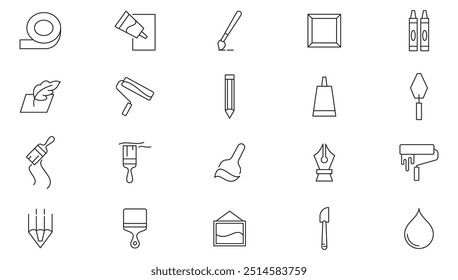 Brushes and painting line icon collection. Paint, paint roller, brush,  hammer, paint Bucket,  Spray, color palette, materials icon set. UI outline icon pack.