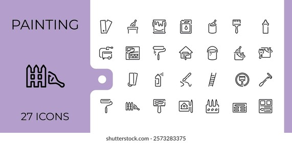 Brushes And Painting linear icon collection. Related to artist, repair, graphic, roller, painting, paintbrush and more. Simple icon designs. Editable vector stroke.