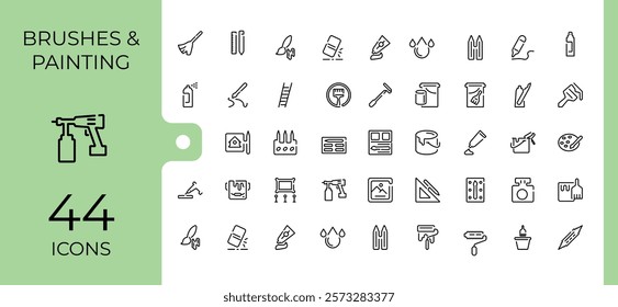 Brushes And Painting linear icon collection. Related to artist, repair, graphic, roller, painting, paintbrush and more. Simple icon designs. Editable vector stroke.