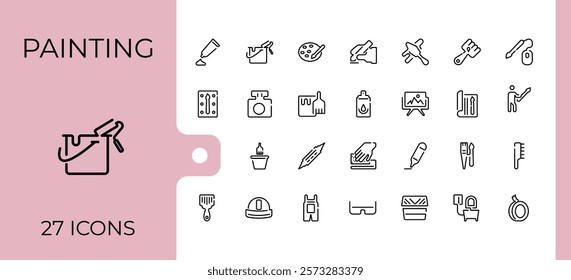 Brushes And Painting linear icon collection. Related to artist, repair, graphic, roller, painting, paintbrush and more. Simple icon designs. Editable vector stroke.