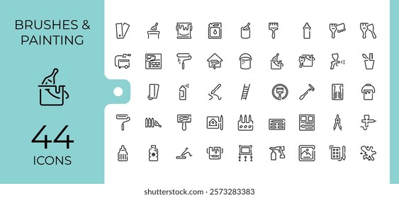 Brushes And Painting linear icon collection. Related to artist, repair, graphic, roller, painting, paintbrush and more. Simple icon designs. Editable vector stroke.