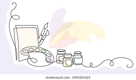 Brushes, painting palette, paints and canvas. Continuous one line drawing. School education concept. Vector illustration isolated on white background