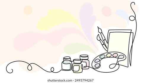 Brushes, painting palette, paints and canvas. Continuous one line drawing. School education concept. Vector illustration isolated on white background