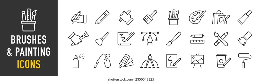 Brushes and Painting web icons in line style. Brush, color palette, bucket, can, collection. Vector illustration.