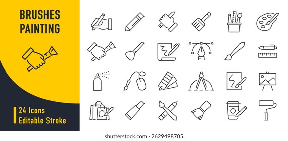 Brushes and Painting web icons in line style. Brush, color palette, bucket, can, collection. Vector illustration.