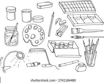 
Brushes, paints. Graphic illustration hand-drawn. Separately on a white background. Tools of the artist. Print, textile, postcard, logo. Vintage style, doodle, sketch.