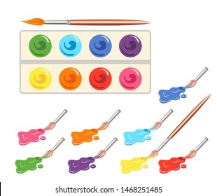 Brushes and paints isolated on white background. Vector illustration of colored palette in cartoon flat style. Brush is dipped in paint. Supplies for drawing.