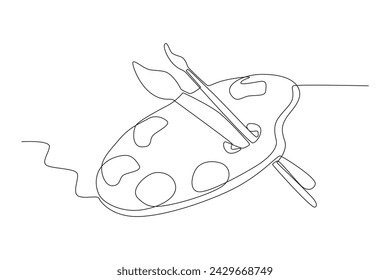 Brushes and paints for painting. Word art day one-line drawing