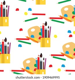 Brushes, paints, pencils, and other creative items. Vector image, seamless pattern on white background.