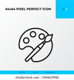 Brushes and palette color 64x64 Pixel perfect icon. Brushes and painting vector line icon style.