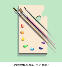 Brushes and palette with paints. vector illustration watercolor and line art.
