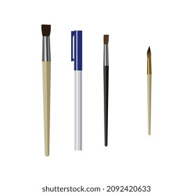 Brushes And Pen. Collection Of Objects For Drawing And Caligraphy. Writing Materials, Creativity, Sketching And Painting. Materials For Artist, Sticker Or Icon. Cartoon Flat Vector Illustration