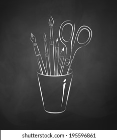 Brushes, pen, pencils and scissors in holder. Chalkboard drawing. Vector illustration. 