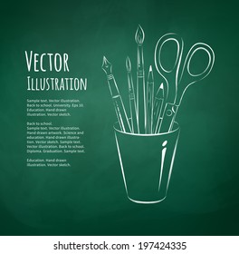 Brushes, pen, pencils and scissors in holder. Chalkboard drawing on green blackboard background. Vector illustration. Isolated.