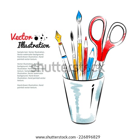 Brushes, pen, pencils and scissors in holder. Hand drawn watercolor and line art. Vector illustration. isolated.