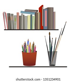 brushes pencils bookshelf