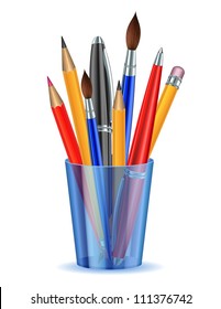 Brushes, pencils and pens in the holder. Vector illustration