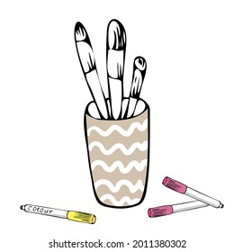 Brushes, pens and pencils in a cup. The outline is drawn by hand. Isolated elements on the background.