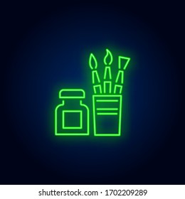 Brushes set and bottle neon sign. Painting and art supplies design. Night bright neon sign, colorful billboard, light banner. Vector illustration in neon style.