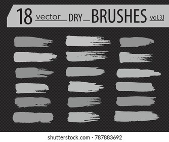 Brushes. Set of dry ink paint. Grunge textured artistic strokes, isolated on white background. Stripe paintbrush collection. Vector brush line design elements. Hand drawn creative artistic brushes. 
