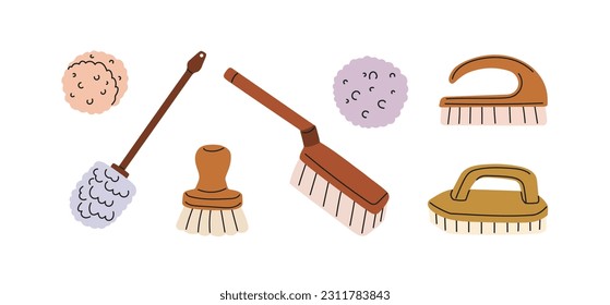 Brushes, sponges, housekeeping stuff, accessories for cleaning. Housework tools with bristle. Household supplies, items for cleanup, washing. Flat vector illustration isolated on white background