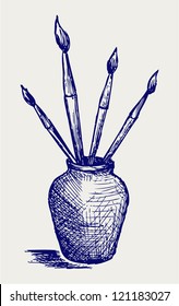 Brushes in vase. Doodle style