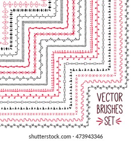 Brushes vector set with inner and outer corner tiles. Hand drawn. Borders, ornaments. Decorative brushes