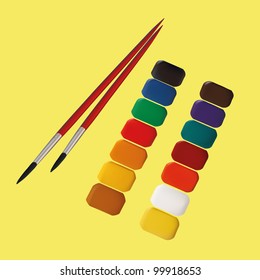 brushes watercolors paints isolated on yellow background