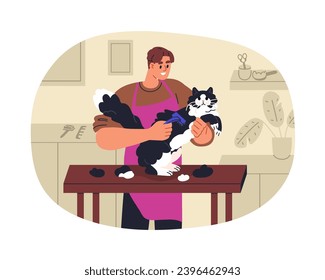 Brushing cats hair in grooming pets salon. Groomer combing kitty, molting feline animal with shedding tool for undercoat and tangled fur. Flat vector illustration isolated on white background