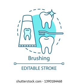 Brushing concept icon. Teeth decay and cavities prevention. Healthy tooth, toothpaste, toothbrush. Oral hygiene routine idea thin line illustration. Vector isolated outline drawing. Editable stroke