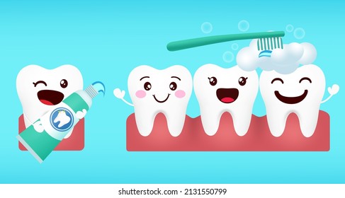 Brushing emoji teeth vector design. Healthy, white and happy tooth emojis in toothbrush cleaning for strong and shiny dental care mascot characters. Vector illustration.
