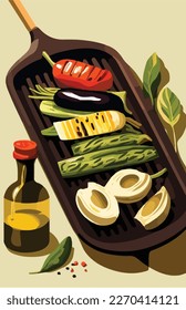 Brushing olive oil or balsamic sauce on grilled summer barbecue vegetables. Vegetarian American BBQ. Flat colorful vector illustration