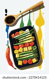 Brushing olive oil or balsamic sauce on grilled summer barbecue vegetables. Vegetarian American BBQ. Flat colorful vector illustration
